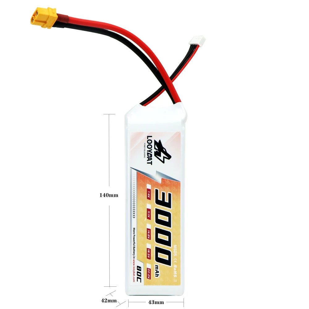 LOOYBAT Factory 3.7V LCO Lipo Battery Cell 80C High Discharge 7.4V 14.8V 2S 4S 3000mAh Rechargeable Lithium Polymer Battery Pack