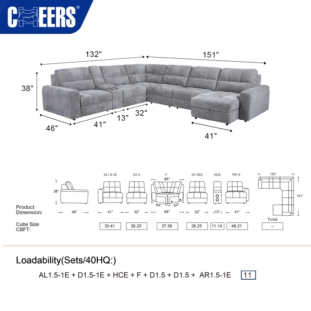 MANWAH CHEERS Fabric Sectional Sofa Set Furniture Modular Recliner Sofa with Storage for Electric Sofa Bed Living Room Set
