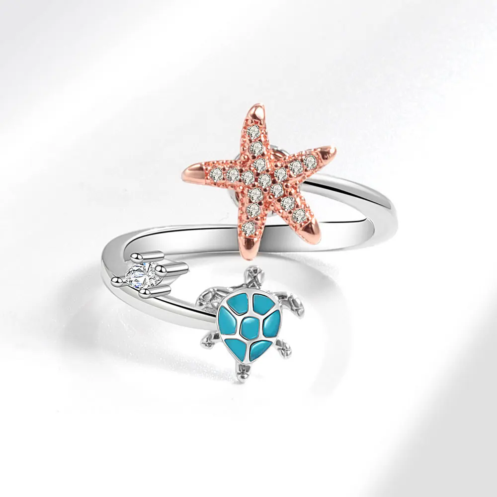 Daidan Starfish Rose Gold Anti Stress Fidget Spinner Rotating Gold Plated 925 Silver Turtle Ring In Silver