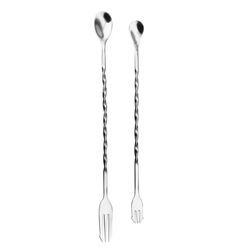 Long Handle Stainless Steel Bar Cocktail Stirring Twisted Spoon Fork drink mixing spoon with fork
