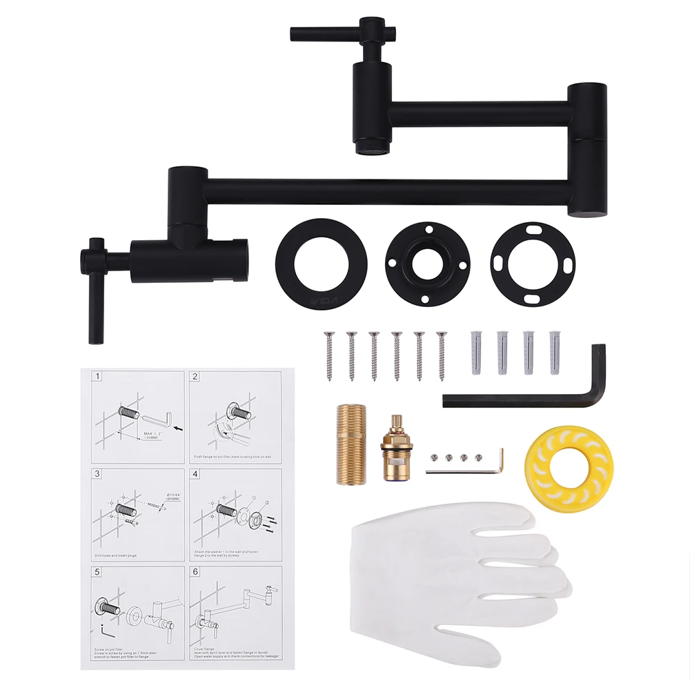 Black Brass Kitchen Faucet Folding Double Joint Swing Arm Wall Mounted Kitchen Pot Filler Faucet