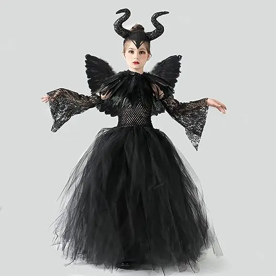 Costume for Kids Girls Evil Queen Fancy Dress Black Princess Tutu Dress Horns Accessories Child Magic Wizard Halloween Costumes