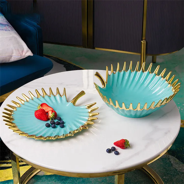 Sky blue golden needle leaf shape creative simplicity serving tableware ceramic dinner plate for hotel & wedding
