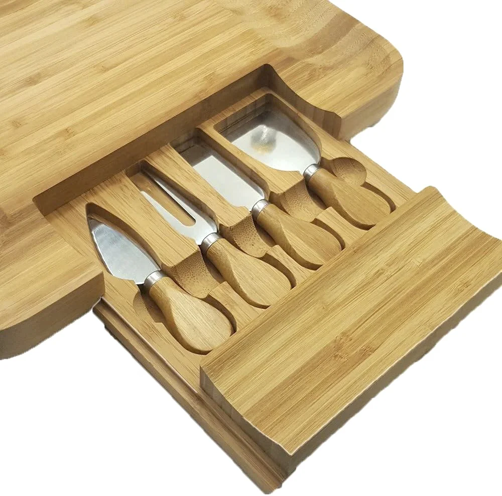 Multifunctional Bamboo Cheese Board And Knife Set Large  Charcuterie Board Plate Tray With Ceramic Bowls warming gifts