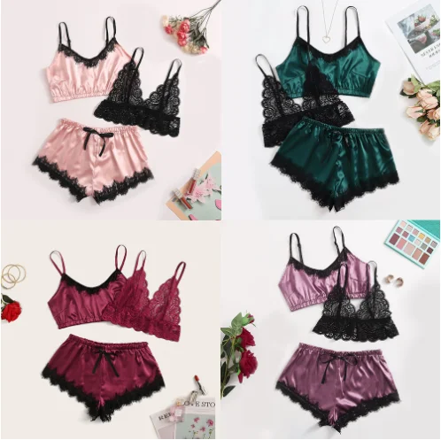 3 Piece Piyama China Nuit Lace Women Sexy Nighty Pajama Ladies Lingerie Sleepwear Silk Pajama Shorts Set