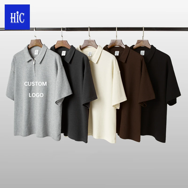 Custom 250GSM man polo t-shirt drop shoulder oversize boxy zipper waffle polo tee shirt