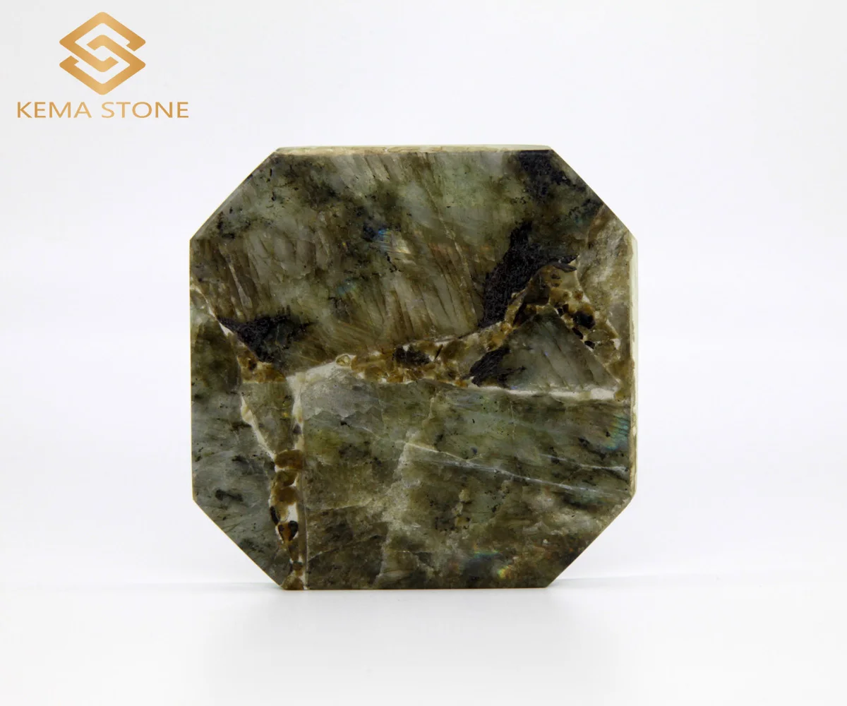 Luxe Creative Natural Square Shining Labradorite Blue Granite Table Coaster with Glass Backing