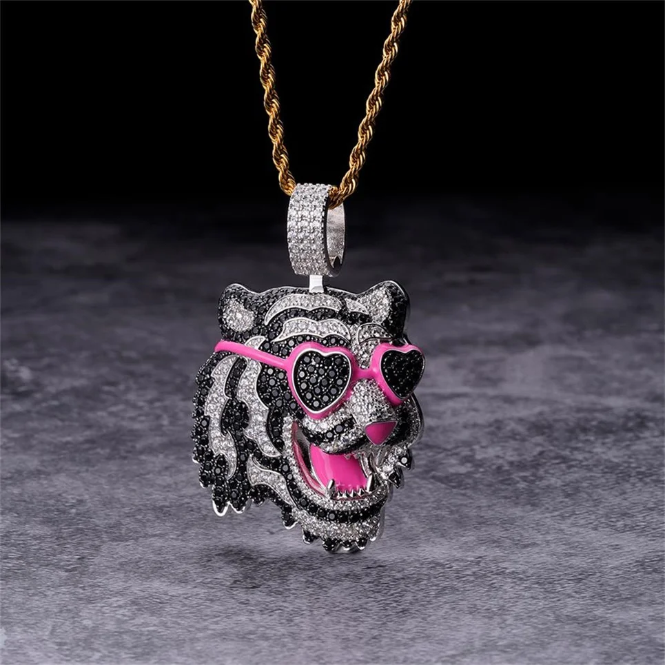 Full Iced Bling Out Black Clear Zircon 925 Hip Hop Style Fashion Design Gorgeous Hot Pink Enamel Jumbo Fierce Tiger Head Pendant