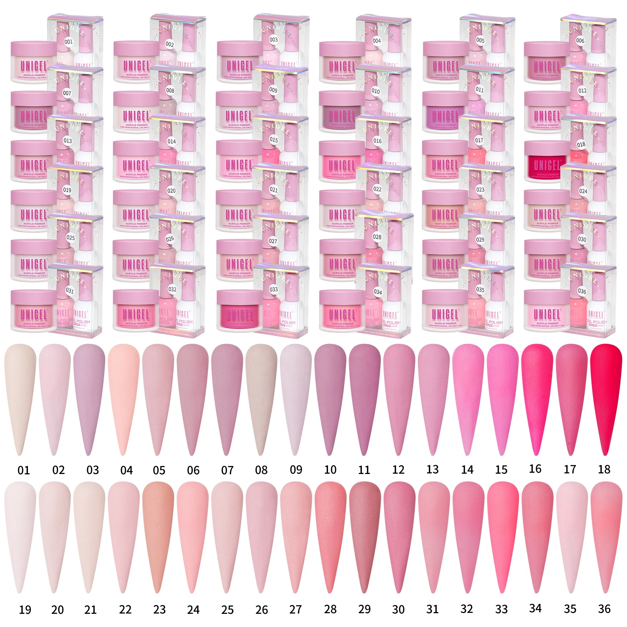 Unigel Wholesale #001-#018 Nail Supplies Private Label 3in1 Matching Acrylic Dipping Powder Gel Polish