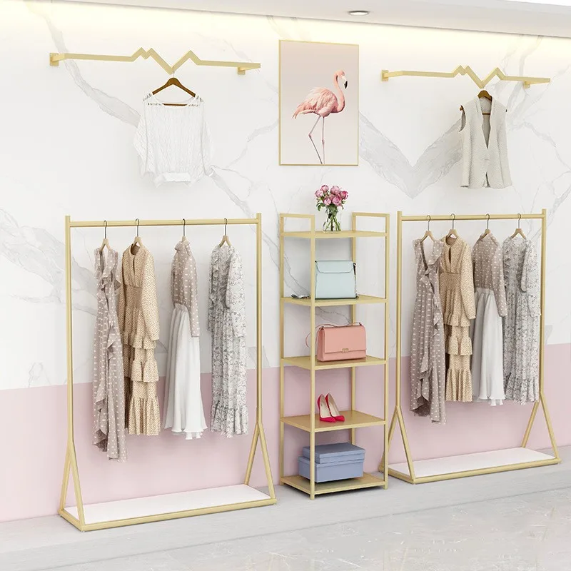 Fashion Women Clothes Shop Display Racks Metal Retail Boutique Clothing Rack Cloth Store Gold Display Stands