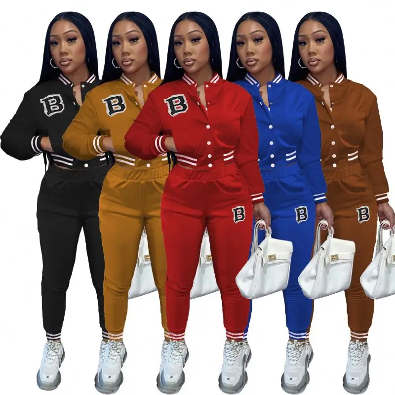 Hot selling letter printing bomber baseball jacket two piece pant set 2021 fall clothing for women