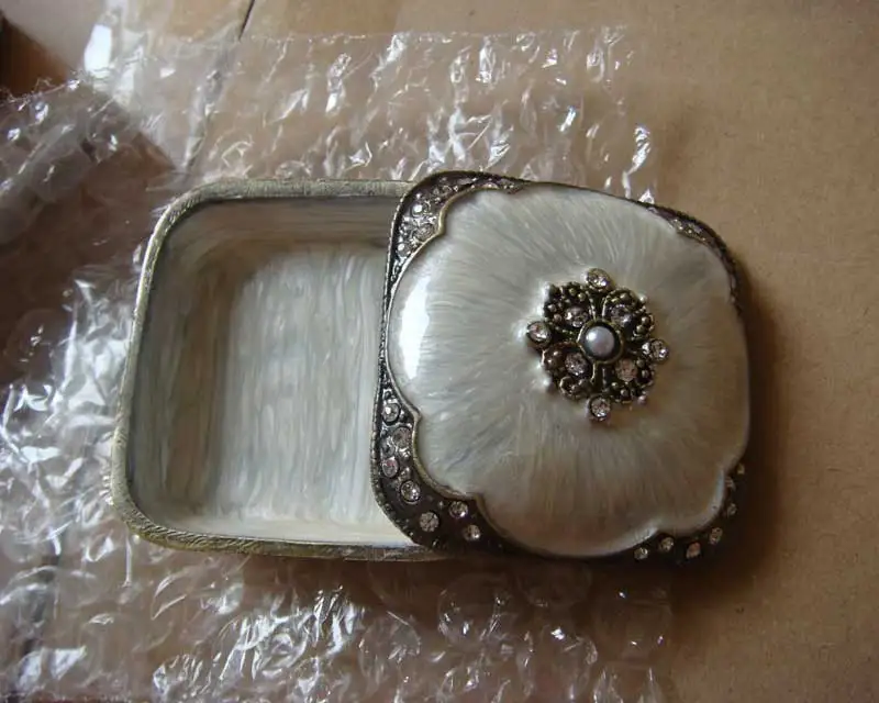 Vintage Brass Blue White Coffee Epoxy Metal Zinc Alloy Jewelry Trinket Box Square With Rhinestones And ABS Pearls Jeweled