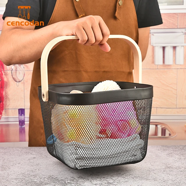 2024 Hot-Selling Metal Mesh Storage Kitchen Basket with Wooden Handle