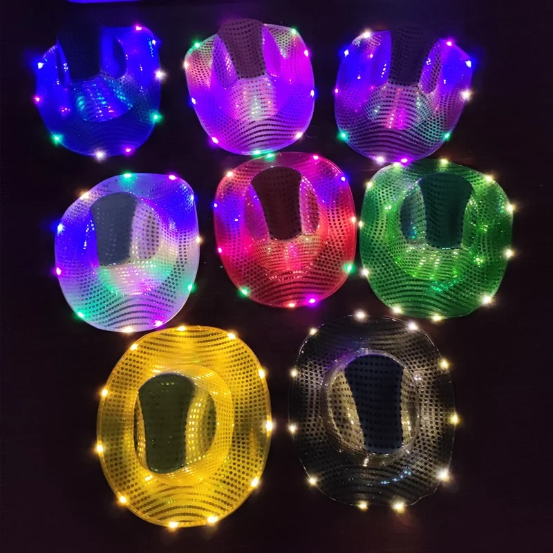 WD-A858  Dazzling Silver Pink Street Dance Performance Sequin Party Led Cowboy Hat Light