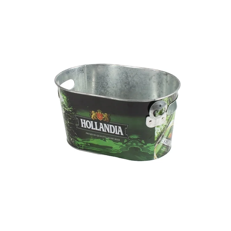 
oval metal tin ice bucket with bottle opener 