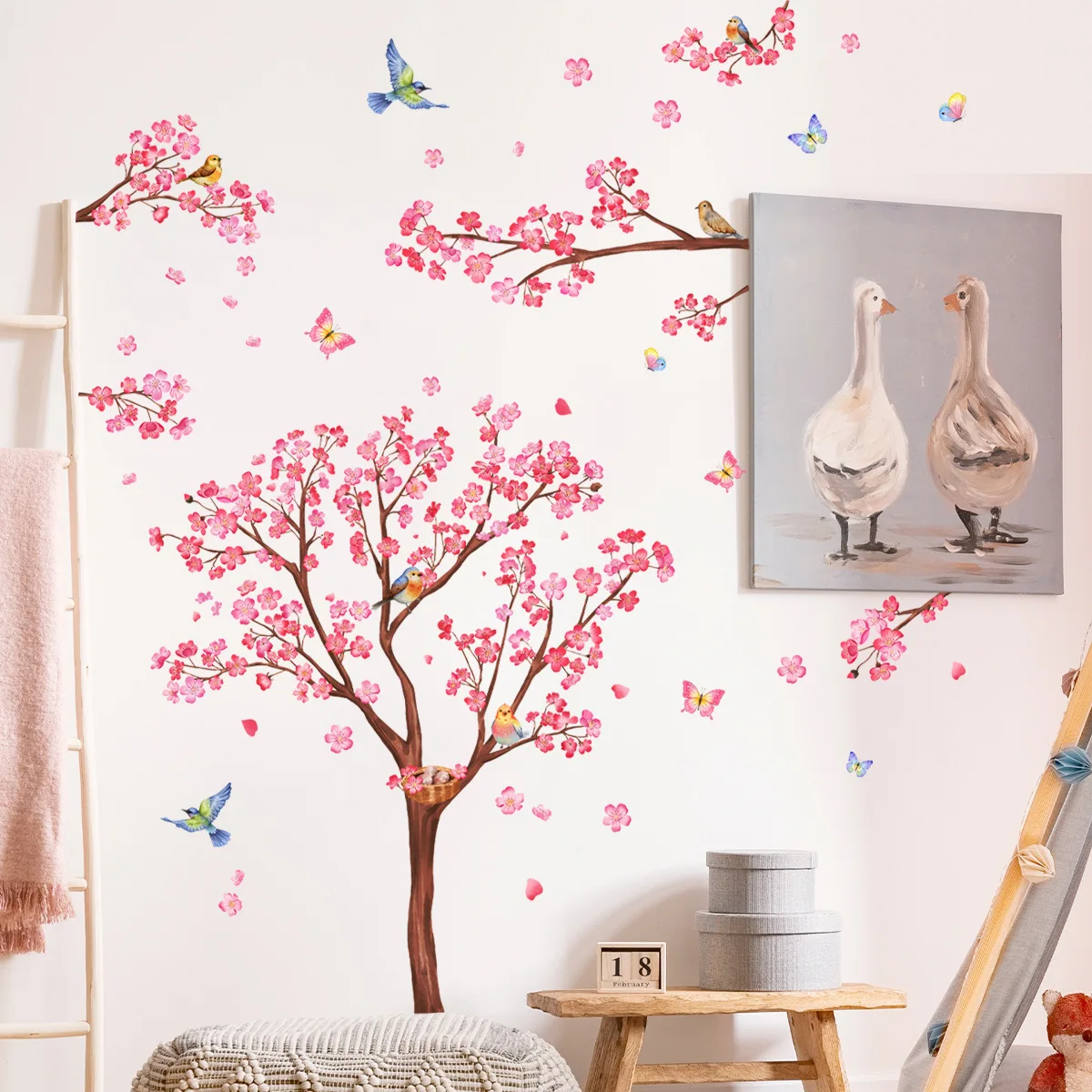 Pink Plum Blossom Tree Wall Sticker butterfly dancing gracefully Decals Living Room Decorative Wallpaper