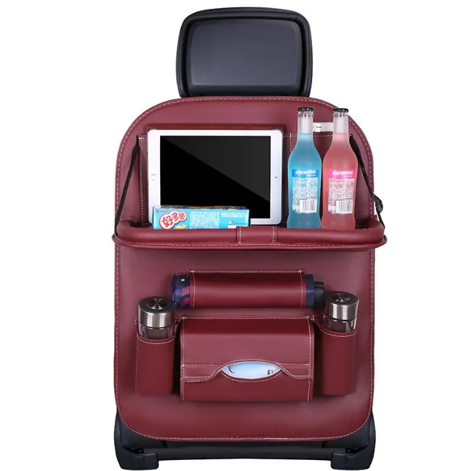 Car Backseat Organizer PU Leather Car Seat Organizer Muti-Pocket Back Seat Storage Bag With Folding Table