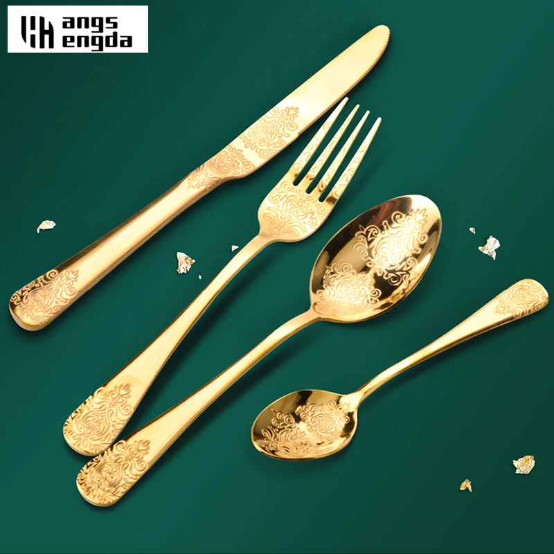 Amazon Hot Tableware Set Knife Fork Spoon Luxury Dinnerware Set Kitchen Flatware Dishwasher Safe/1/2/4pcs Flatware Set