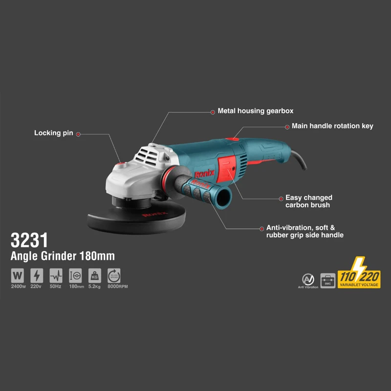 Ronix Angle Grinder 3231 180mm 2400W Portable Wood Steel Metal Angle Grinder Cutting Grinding Tools Cutter Machine
