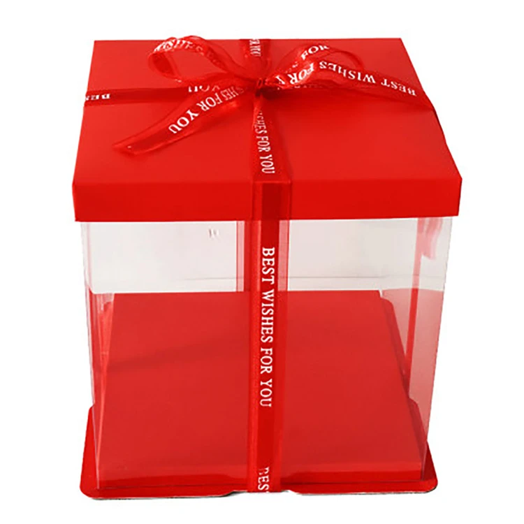 12 Inches PET Plastic Transparent Cake Box Birthday Wedding Christmas Party Red Square Cake Packaging Box With Ribbon