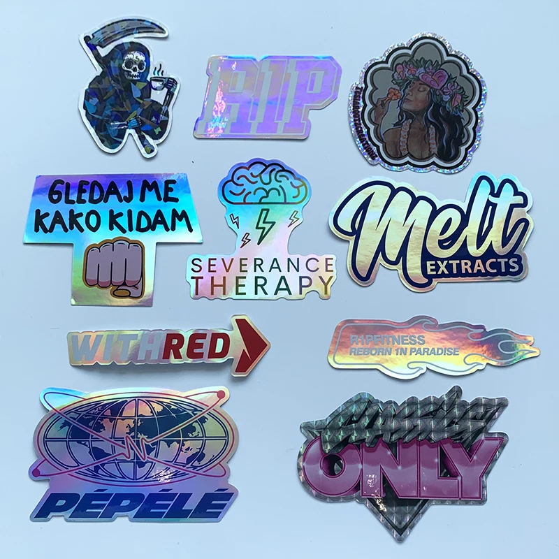 Оптовая продажа индивидуальная форма привлекательная печать голограмма радуга вырезанные виниловые голографические наклейки