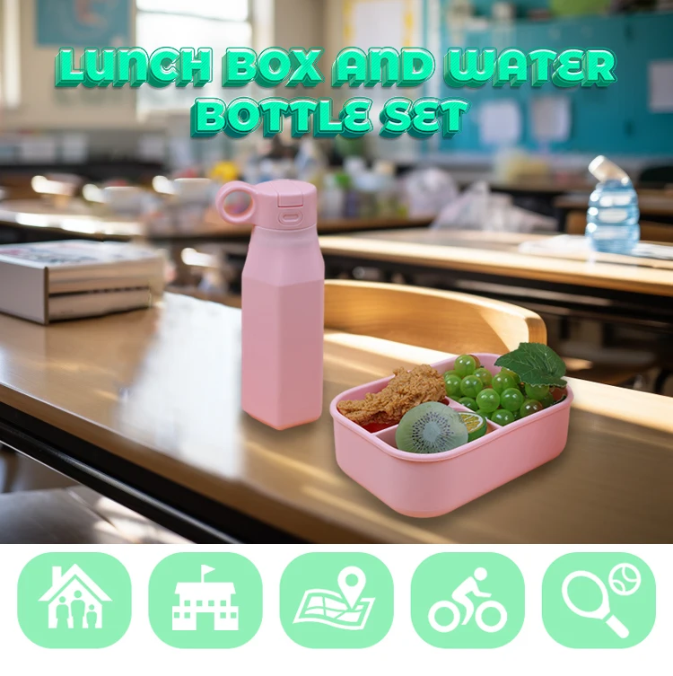 School Portable 800ml 3 Compartment Leakproof Silicone Lunch Box Water Bottle Set Bpa Free Silicone Bento Box For Kids