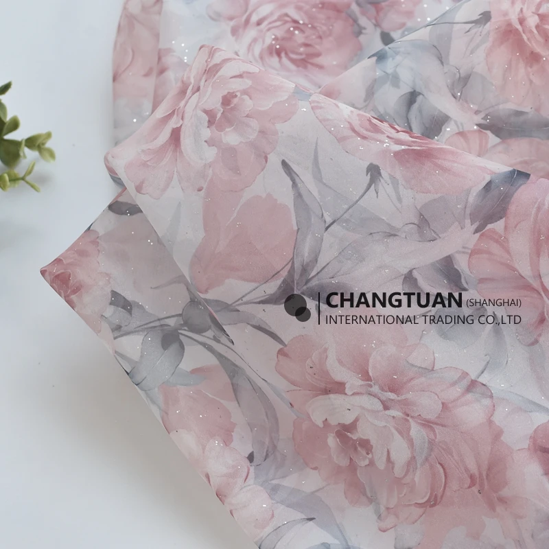 Wholesale High Quality Organza Fabric Shiny Silver Power Big Floral Printed Organza Fabric