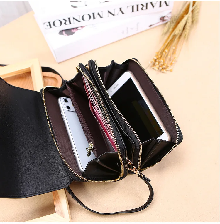 Korea Style Stock Can Custom Logo 2 zipper PU Mini Shoulder Phone Tote Bag