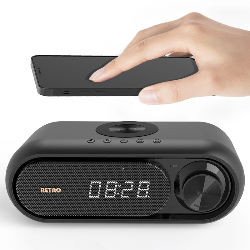 Modern Home Decor Multi function WD300 all in one FM radio TF Card BT speaker alarm clock QI 5W 10W wireless phone charger