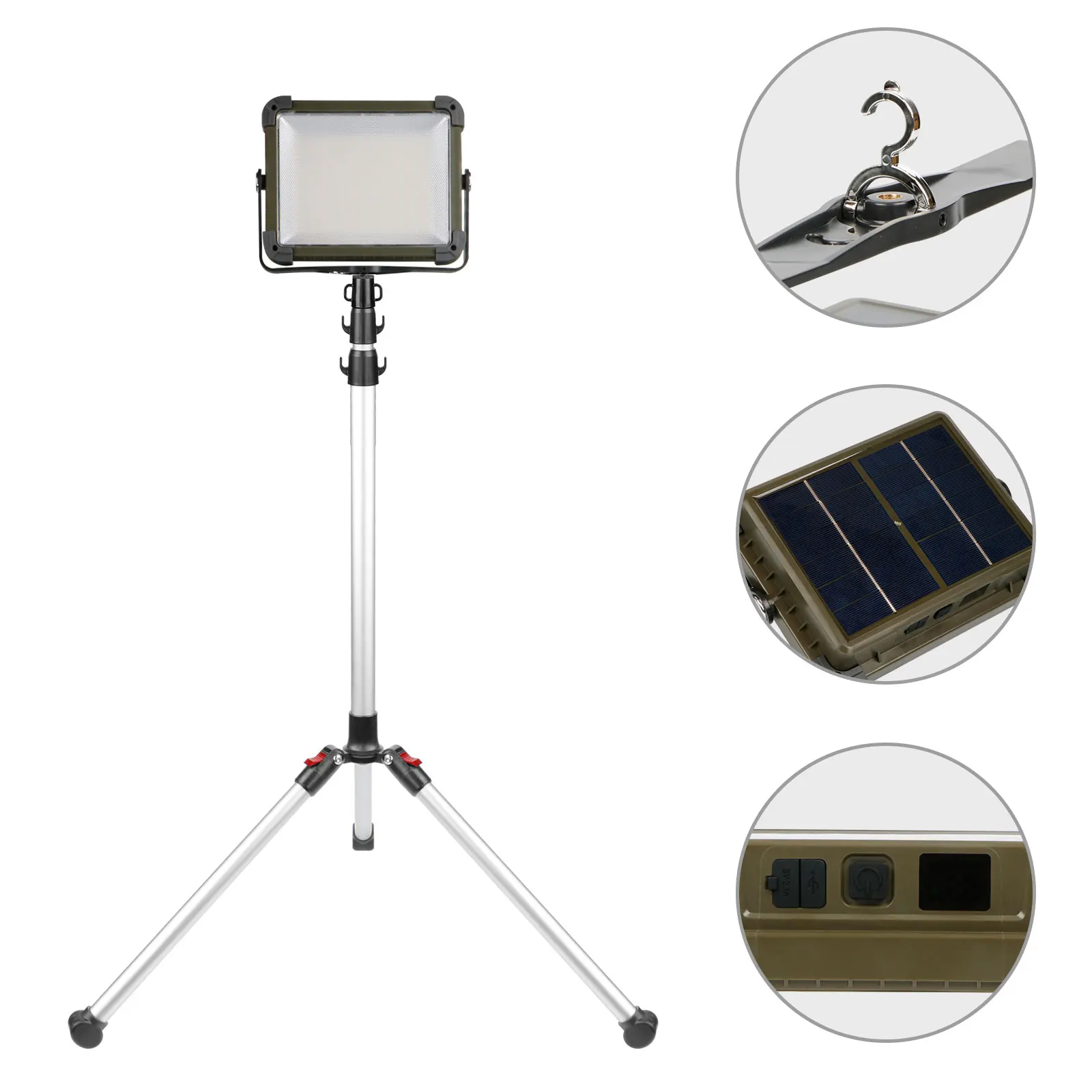 LED USB Rechargeable IP65 Waterproof Lamp Solar Portable Flashlight Lantern Handheld Searchlight for Outdoor Work Camping Hiking