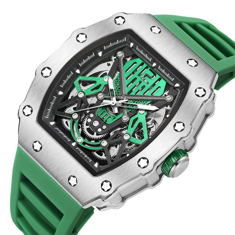 Cool Tonneau Skeleton Design Mechanical Watches For Men Silicone Band Alloy 3 ATM Waterproof Sport Watch