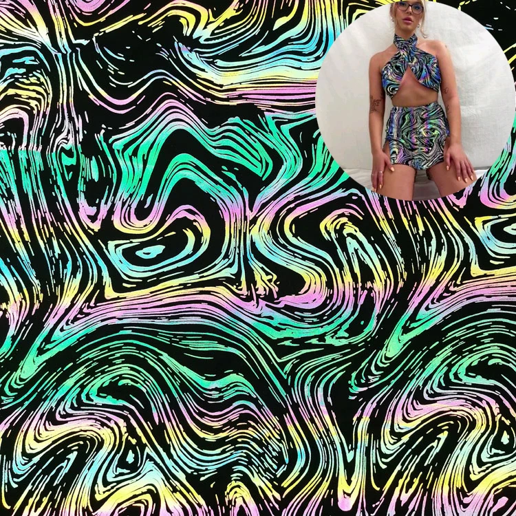 
Custom Designs Silver Rainbow 4 way Stretch Polyester Prints Reflective Spandex Fabric for garments clothing fabric material 
