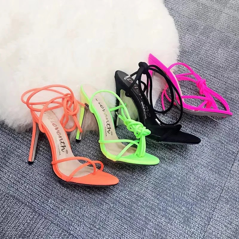 New fashion high heels shoes for women cute candy bright color flip flops lace-up high heels plus size ladies sexy pumps sandal
