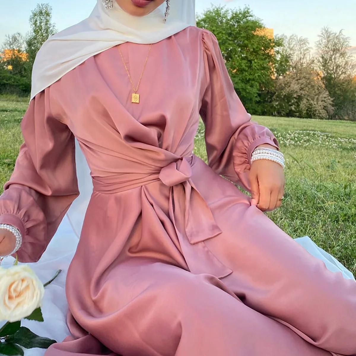 Daily abaya 2024 Muslim ethnic style Dubai Arab Middle East Malay pink beautiful robe evening gown open Abaya jalabiya dress