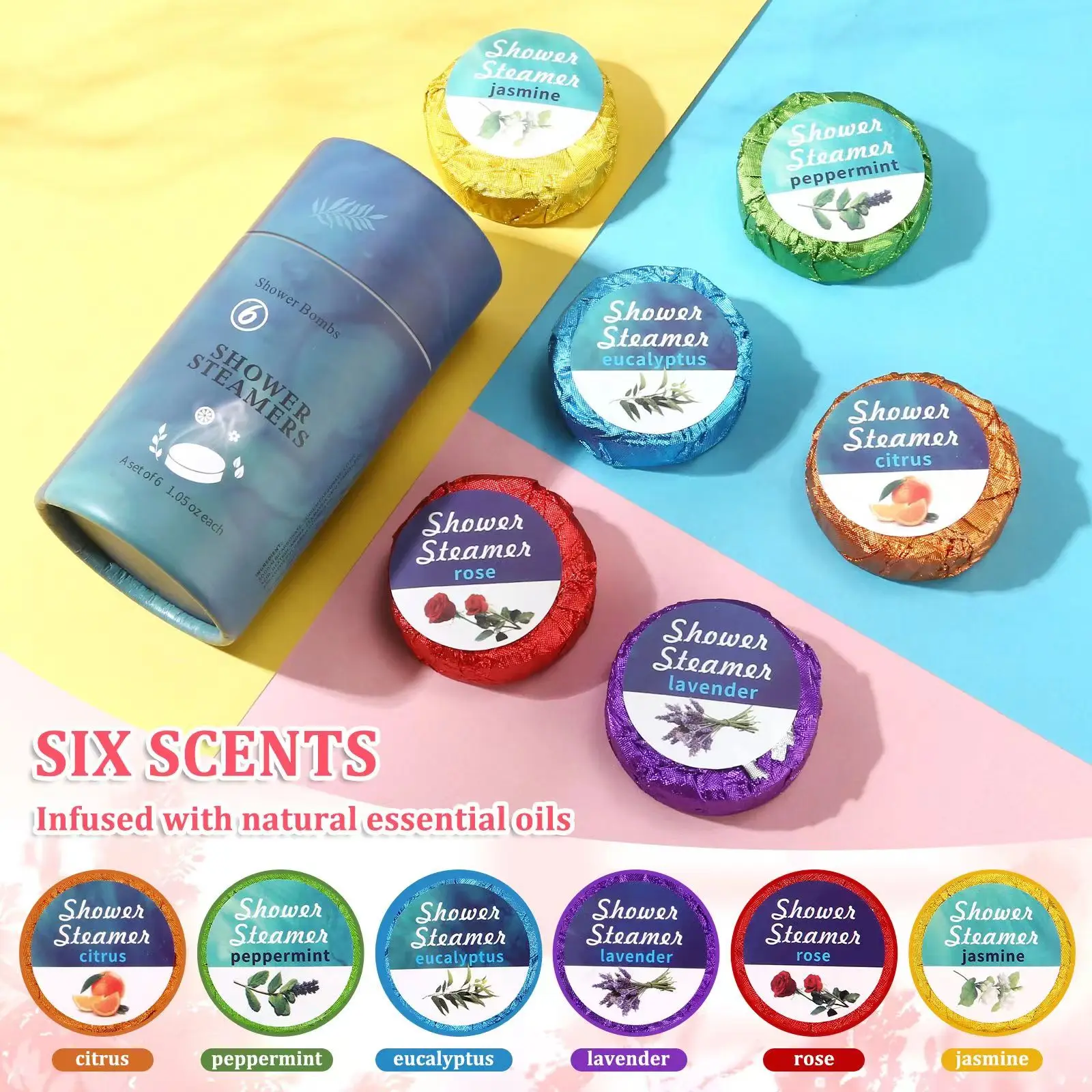 Custom Private Label Scented and Packing Organic Fresh Relief Natural Shower Steamer for Aromatherapy 6 Tablets