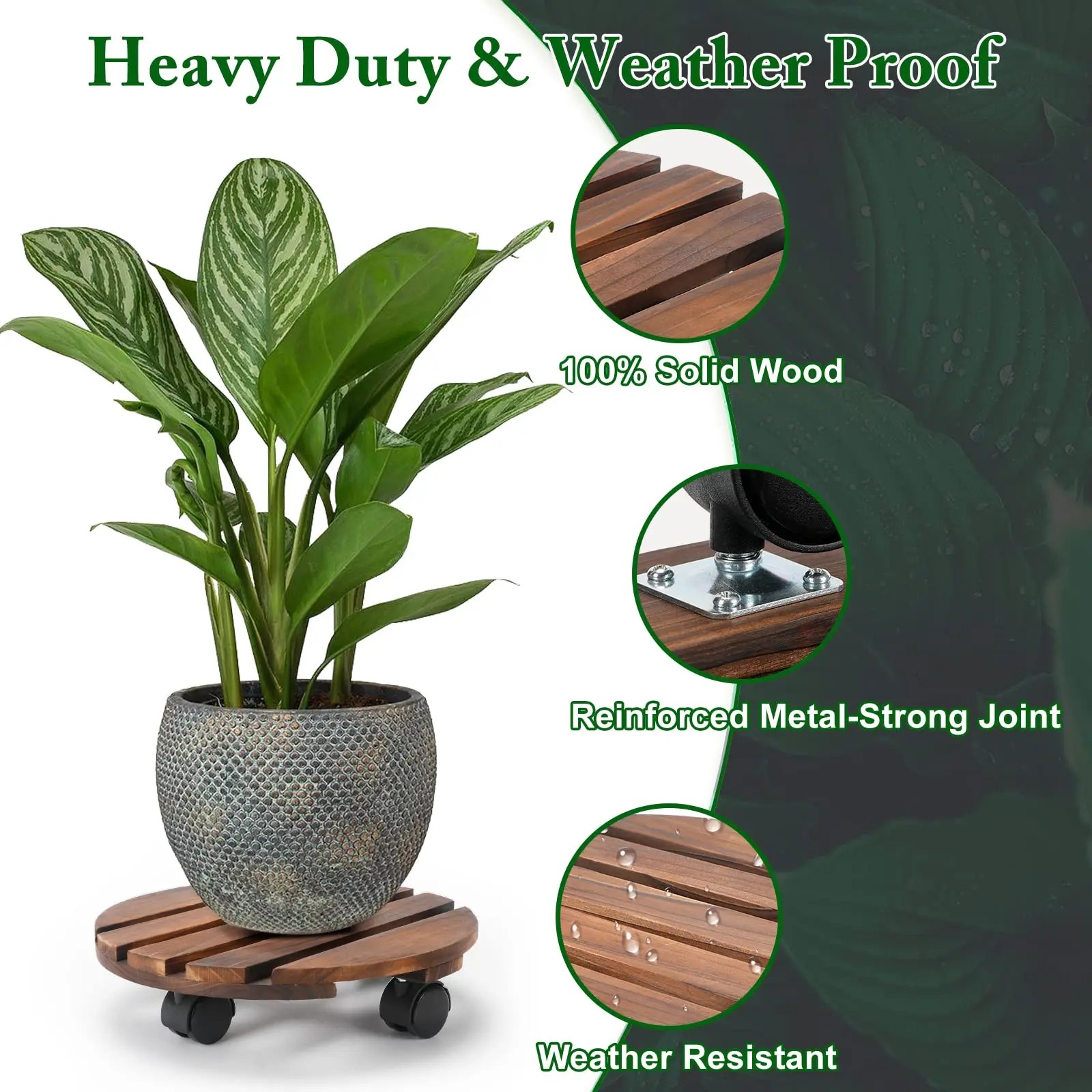 Plant Caddy with Lockable Wheels, Rolling Plant Stand 12 Inch Wooden, Plant Roller Base 150 lb Heavy Duty, 2 Packs Plant Dolly