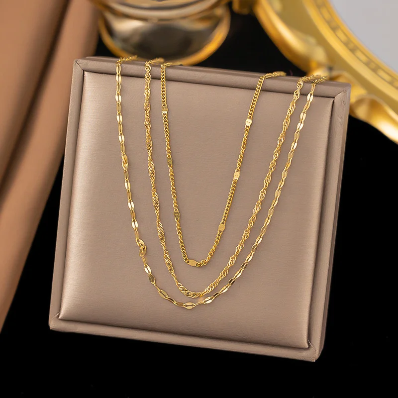 Vintage all-in-one stainless steel multilayer necklace plated in 18k gold does not fade necklace for women
