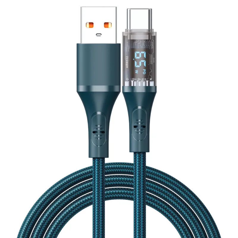Top Selling Custom USB C Cable Nylon Braided PD 65W Fast Charging USB A to C Cable with LED Screen Display for Smart Phone