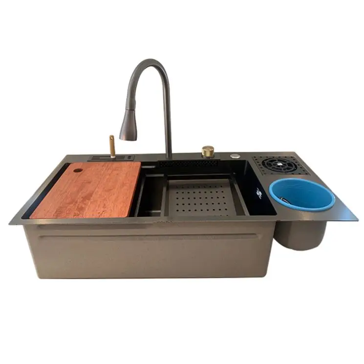 Voriva Luxury Waterfall Kitchen Sink Stainless Steel China Farmhouse Sink Big Single Bowl with Dish Rack Under Mount Sinks