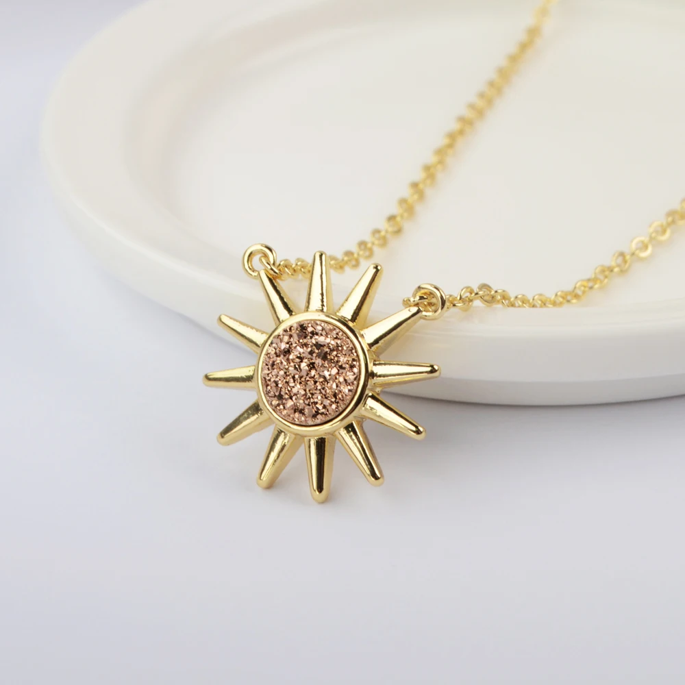 Fashion 18k gold plated women natural agate drusy pendant necklace waterproof sun druzy necklace