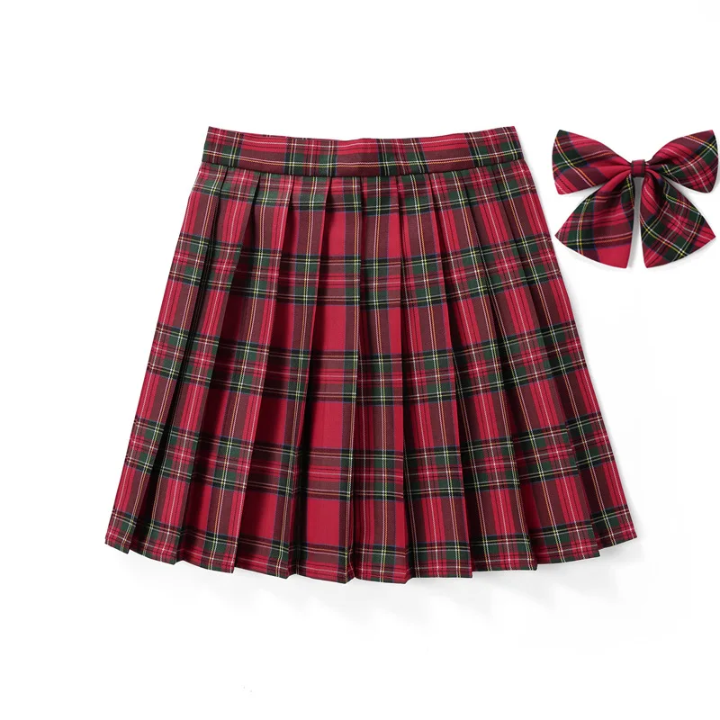 School uniform skirt for kid girls pleated plaid uniform skirt teen toddlers bottom zipper up with bow tie