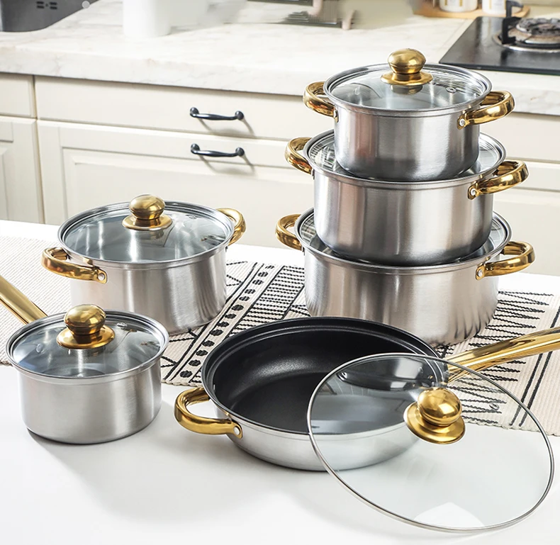 12Pcs Kitchen Pots And Pans Cast Iron Stainless Steel Soup Stock Pots Cooking Pot Set Frying Pan Non Stick Cookware Set