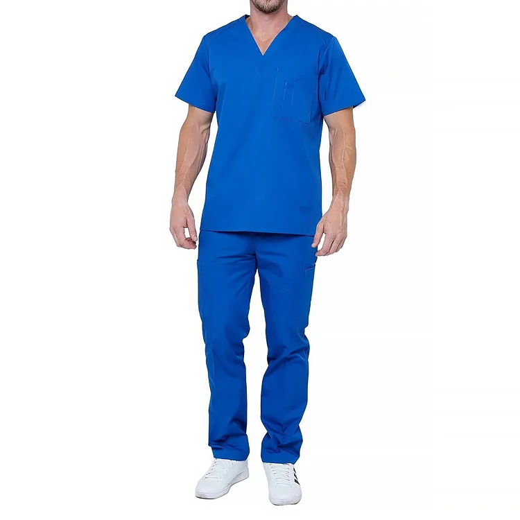 Top Quality V- Neck Short Sleeve Hospital Scrubs Uniforms Top Straight Legs Pants 2 Piece Nursing Uniform Scrubs Set for Men