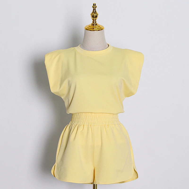 CHICEVER Элегантный женский комплект из двух предметов футболка без рукавов с круглым вырезом топ с высокой талией облегающие шорты Повседневный костюм модная одежда