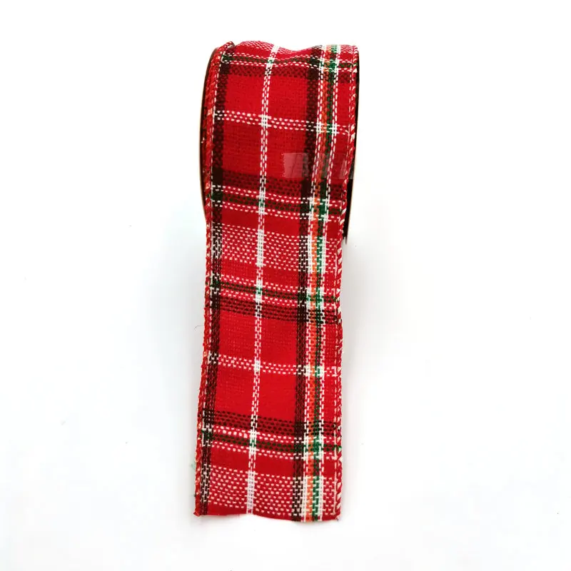 Christmas Party Gift Wrapping Decoration Wire Edge Trim Polyester Plaid Tartan Checker  Ribbon Roll for Bow
