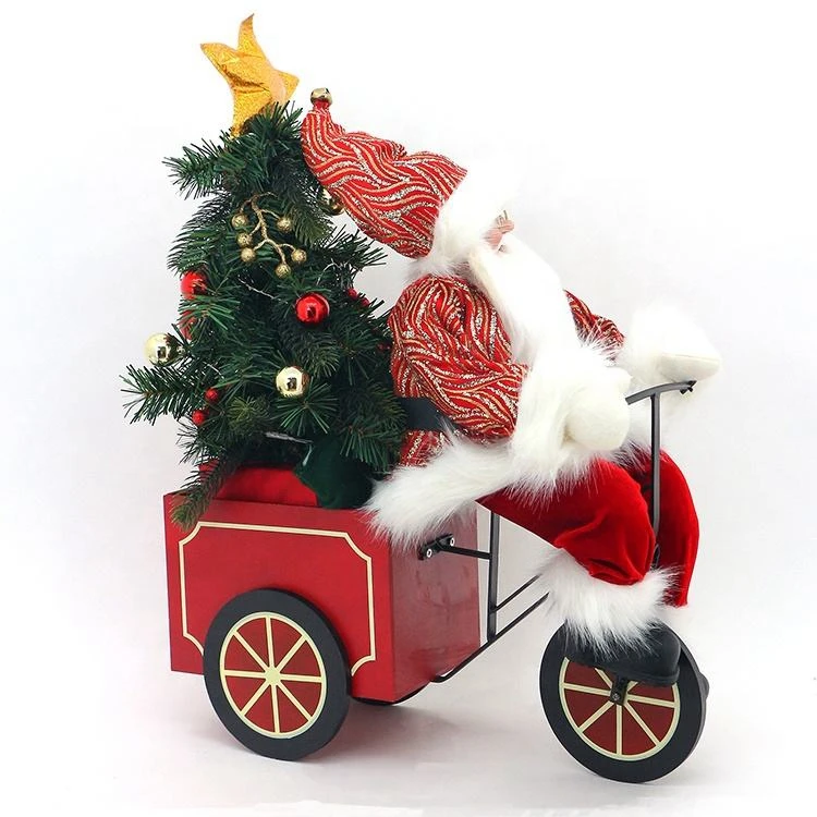 50cm LED Santa Claus Plush Toy Sitting On Sled Christmas Figurines With Gift Bags Red Tricycle Cycling Santa Claus Sleigh