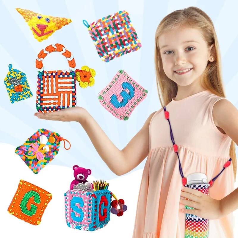 Children puzzle Elastic rope knitting toys DIY loop weave Rainbow coil loom Creative cup mat bags making sets
