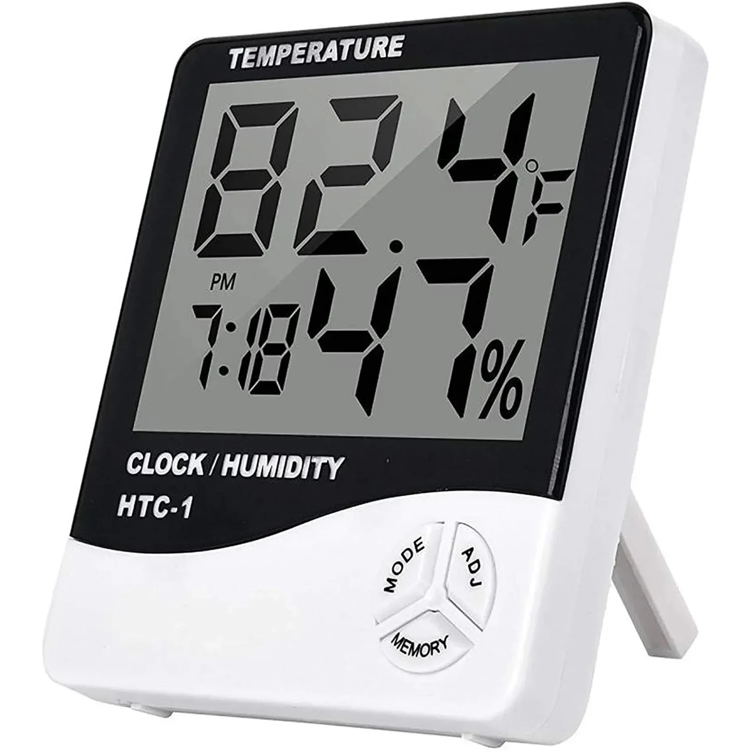 Digital Thermometer Hygrometer Clock Alarm/Alarm Calendar 5 Functions Large Screen Desktop Stand & Wall Mount White