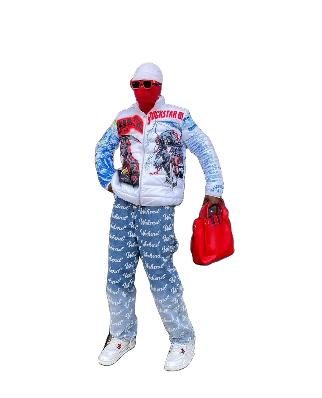 SBM 2024 NEW Washed  Light Blue Hot Sale Checkerboard Checks Loose Crazy Custom Laser Print Baggy Jeans For Men