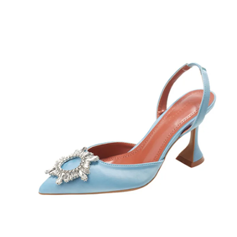 2022 New Pointed Rhinestone High Heel Sandals Satin Sexy Sun Flower Buckle High Heels Women High heels Party Wedding Shoes